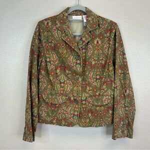 Liz Claiborne Womens L Floral Blazer Jacket Olive Green Cotton Boho Whimsical